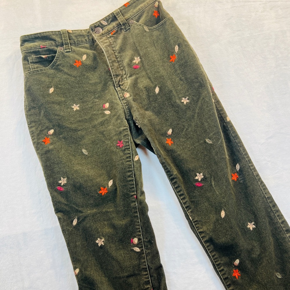 Talbots Embroidered Corduroy Straight Leg Pants Olive Green Fall Leaves Acorn 2P